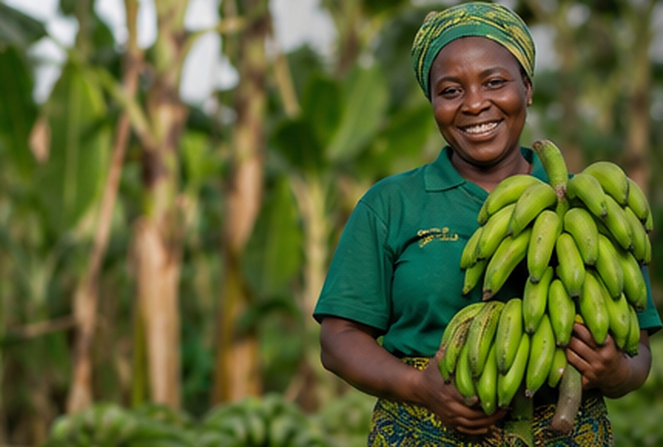 KOBI GROUP farmer holding freshly harvested green plantains